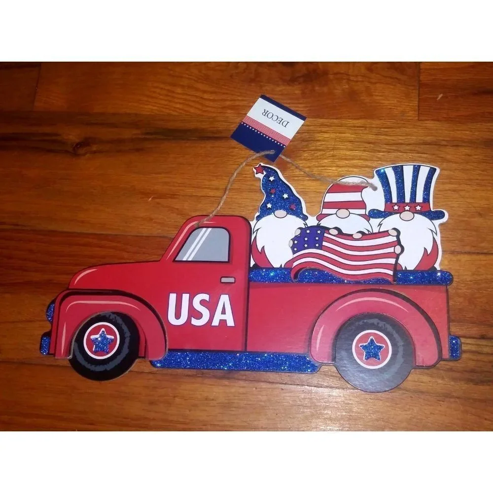 Lot of 2 Patriotic Wall Hangings RED Pickup Trucks w/Gnomes 13